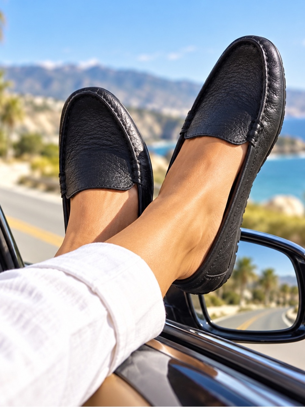 UGG Womens Flores Black Leather Driving Loafers